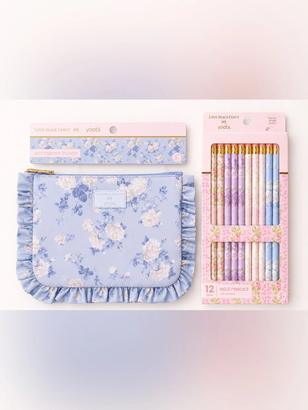 NWT LoveShackFancy X Target Yoobi Heirloim Pencil Case & Pencils Whisper Blue